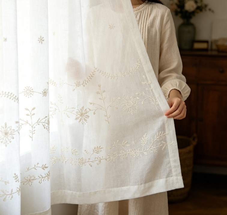 Floral Embroidered Linen Curtains