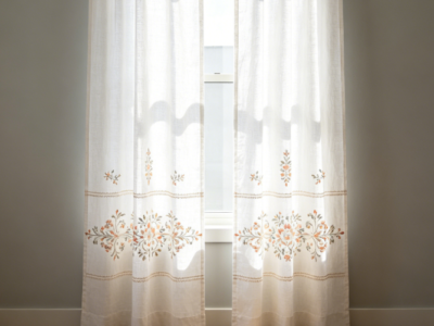 Symmetrical Floral Embroidery Floor-Length Linen Curtains