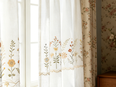 Vertically Arranged Colorful Wildflower Embroidered Linen Curtains