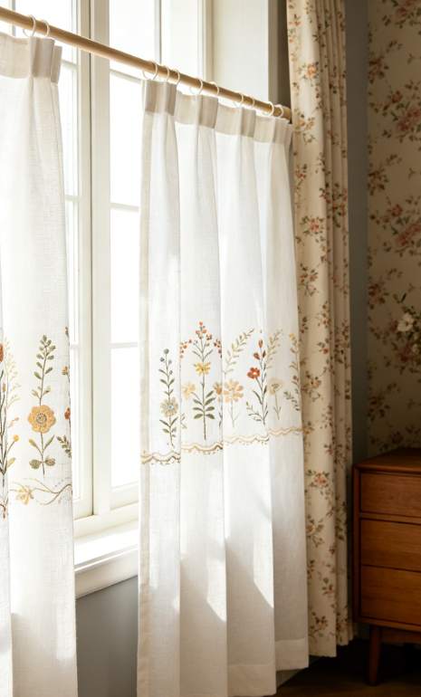 Vertically Arranged Colorful Wildflower Embroidered Linen Curtains