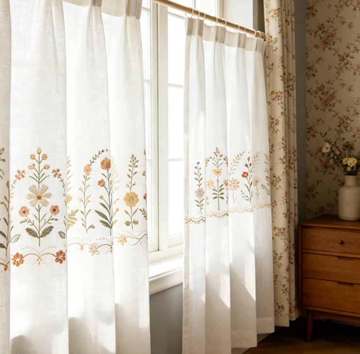 Vertically Arranged Colorful Wildflower Embroidered Linen Curtains - Image 2