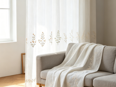 Layered Light Brown Grass Embroidery Pure White Linen Curtains