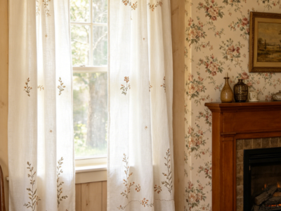 Vertically Staggered Embroidered Floral Branches French-Style Linen Floor-Length Curtains