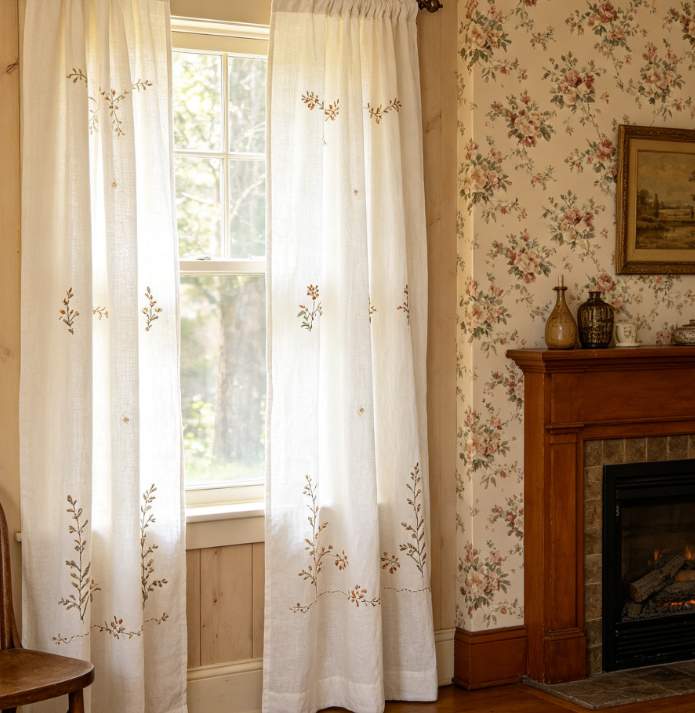 Vertically Staggered Embroidered Floral Branches French-Style Linen Floor-Length Curtains