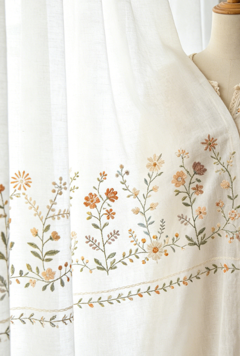 Vertically Staggered Embroidered Floral Branches French-Style Linen Floor-Length Curtains - Image 2