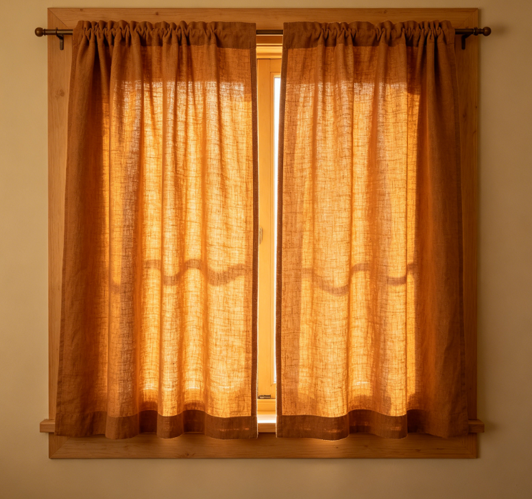 Caramel Brown Solid Color Linen Short Curtains - Image 2
