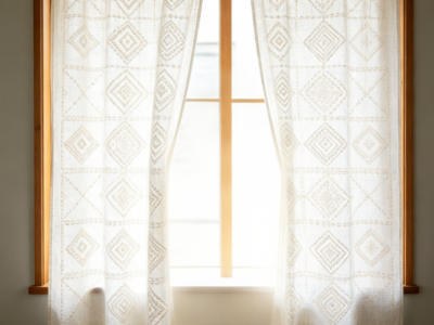 Geometric Embroidered White Linen Curtains