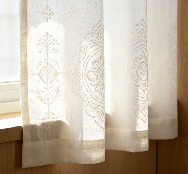 Geometric Embroidered White Linen Curtains - Image 2