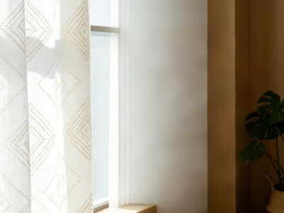 Textured Geometric Linen White Curtains