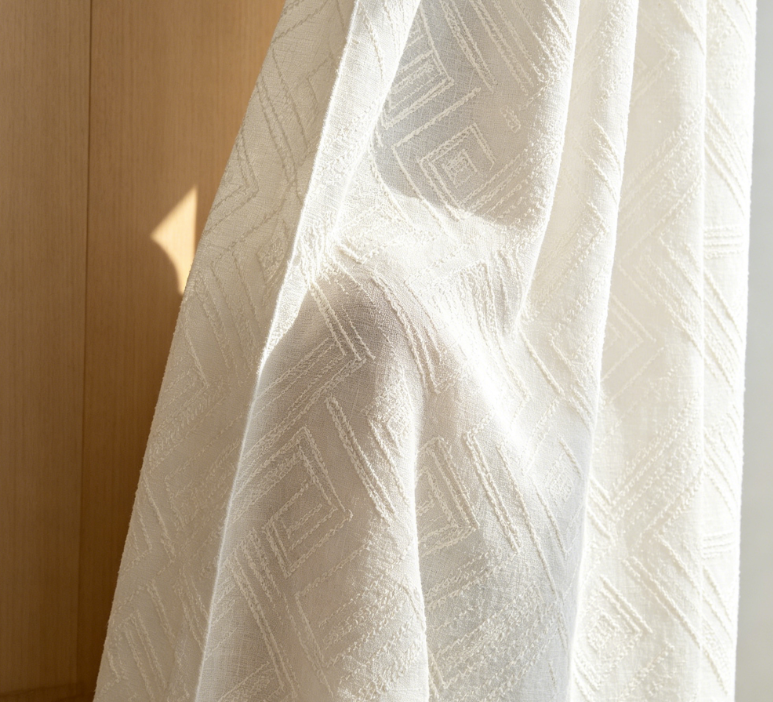 Textured Geometric Linen White Curtains - Image 2