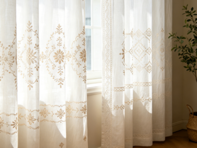 Light Brown Floral Diamond Embroidered Linen Curtains