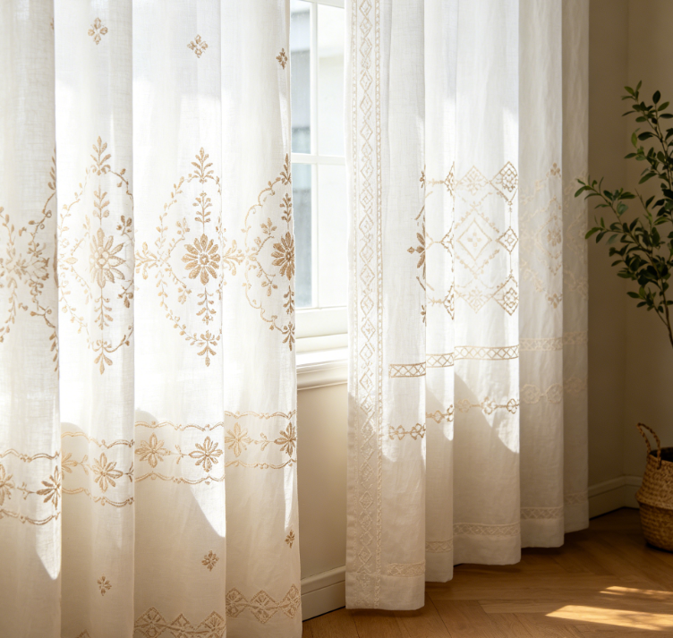 Light Brown Floral Diamond Embroidered Linen Curtains