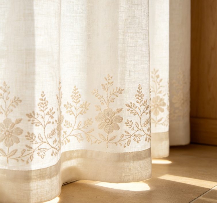 Light Brown Floral Diamond Embroidered Linen Curtains - Image 2