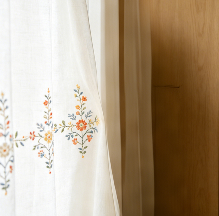 Country-Style Colorful Floral Embroidered Linen Curtains