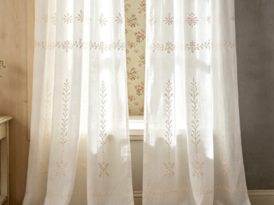 Simple Linen Curtain with Embroidered Vines and Leaves