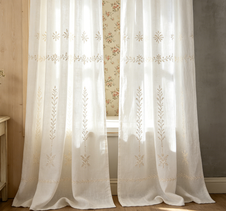 Simple Linen Curtain with Embroidered Vines and Leaves