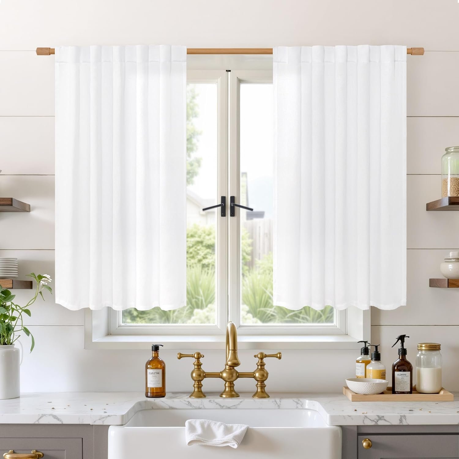 White Linen Kitchen Curtains | Rod Bag & Strap Dual-Use | Semi-Sheer for Short Windows