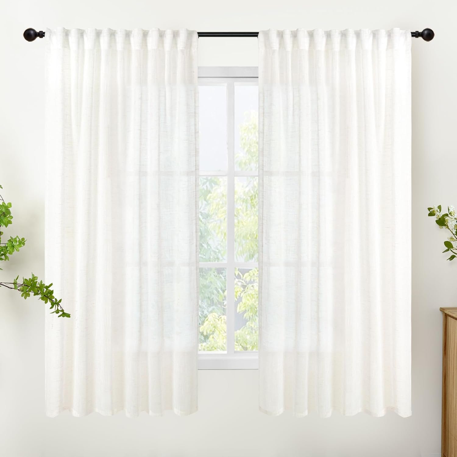 Ivory White Linen Tulle Curtains | Rod Bag & Straps | Natural Texture, Light Transmitting