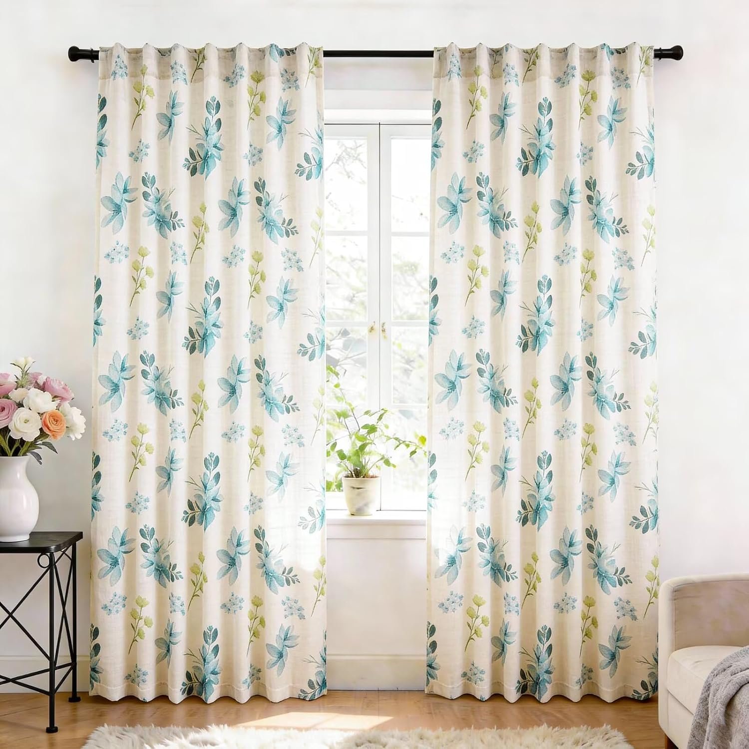 Blue Floral Linen Curtains | Rod Bag/Strap Option | Translucent Vintage Farmhouse Style