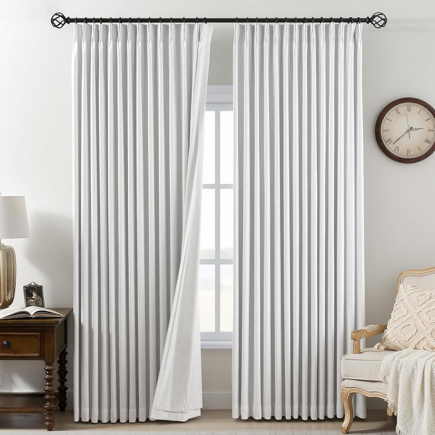 White Blackout Pleated Linen Curtains with Memory Fold Hooks | Heat Insulation and Light Blocking