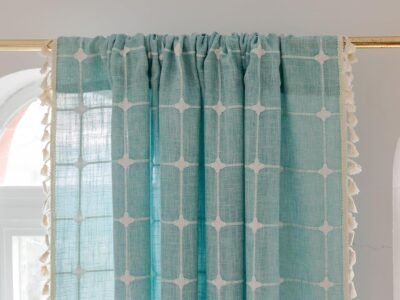 Blue-Green Checkered Embroidered Curtains | Cotton Linen Semi-Blackout