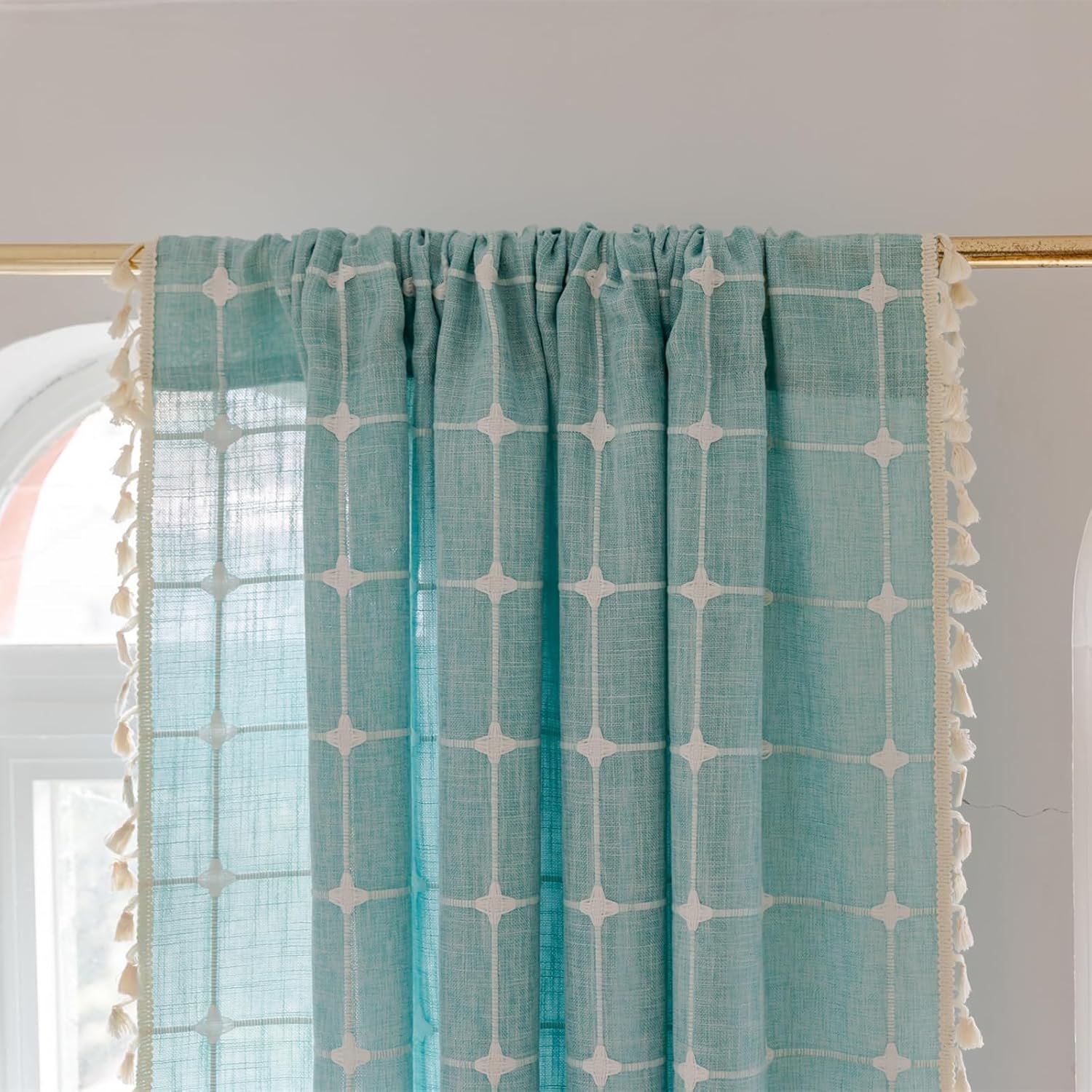 Blue-Green Checkered Embroidered Curtains | Cotton Linen Semi-Blackout