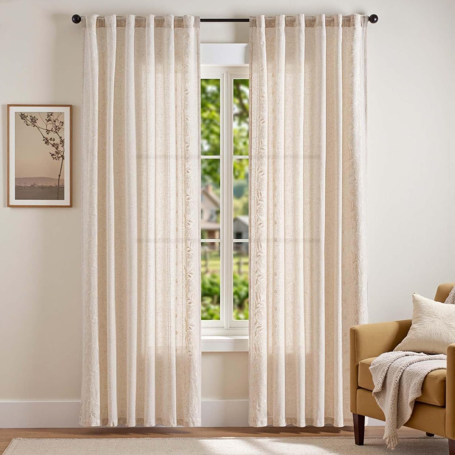 Ivory Embroidered Floral Linen Curtains | Rod-Pocket Style | Farmhouse Style - Image 2