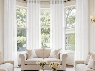 White Linen Four-Piece Curtain Set with Rod Bag and Straps | Country Style for Living Room and Bedroom