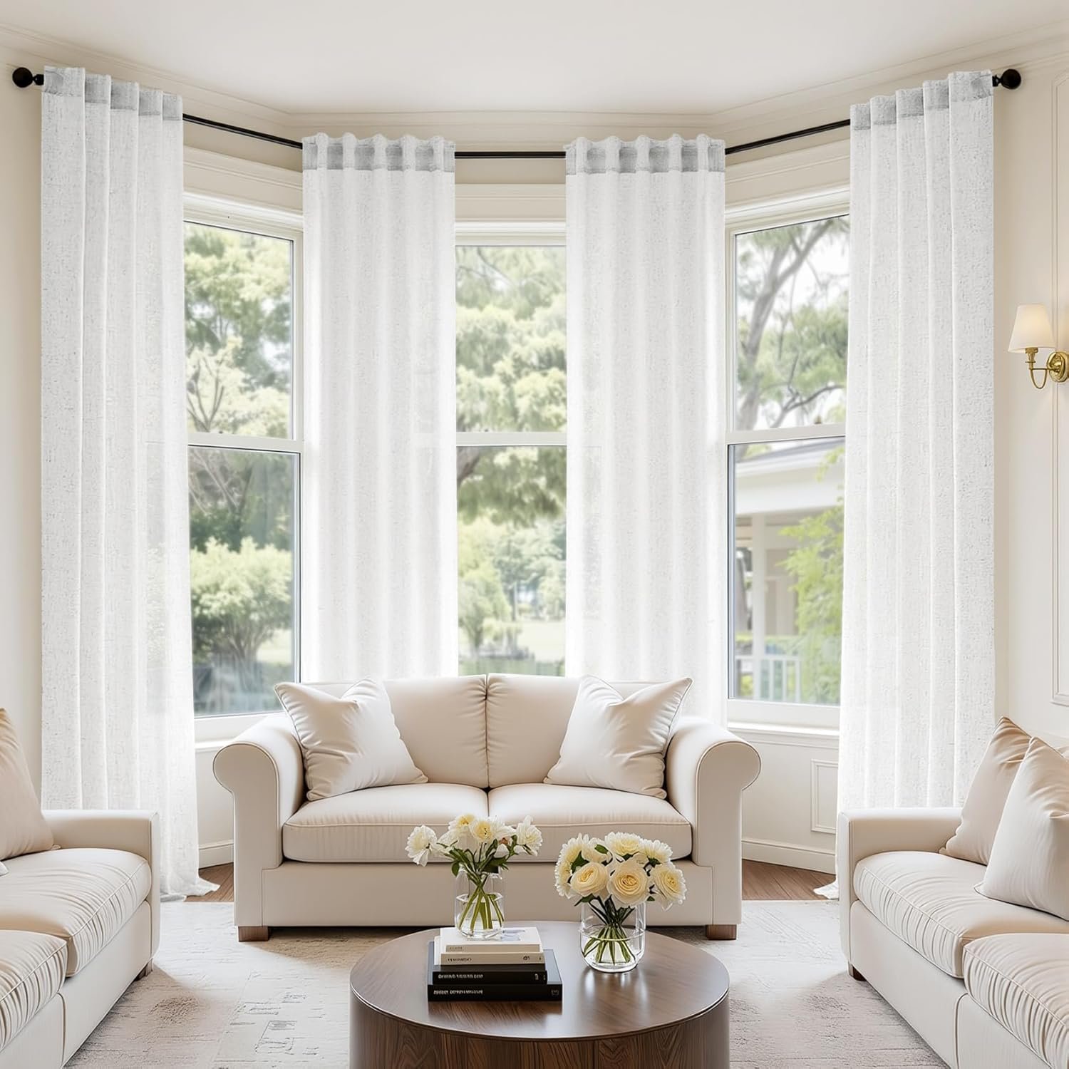 White Linen Four-Piece Curtain Set with Rod Bag and Straps | Country Style for Living Room and Bedroom