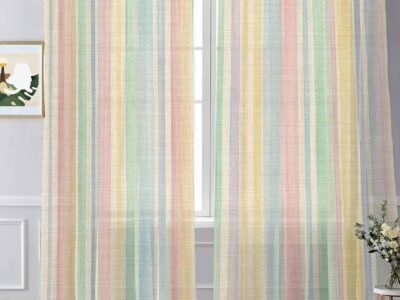 Colorful Striped Sheer Curtains | Rod-Pocket Style Semi-Sheer | Watercolor Rainbow Vintage Linen