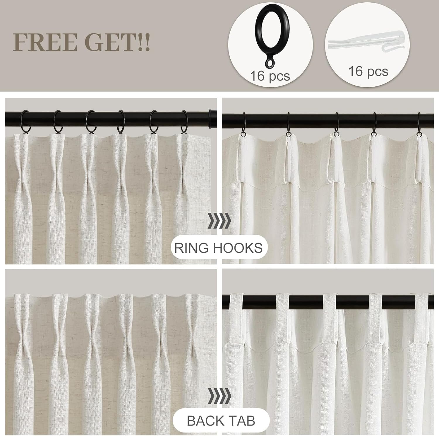 Natural Pleated Linen Curtains, Memory Foam Backband and Hooks | Thick and Semi-Transparent - Image 2