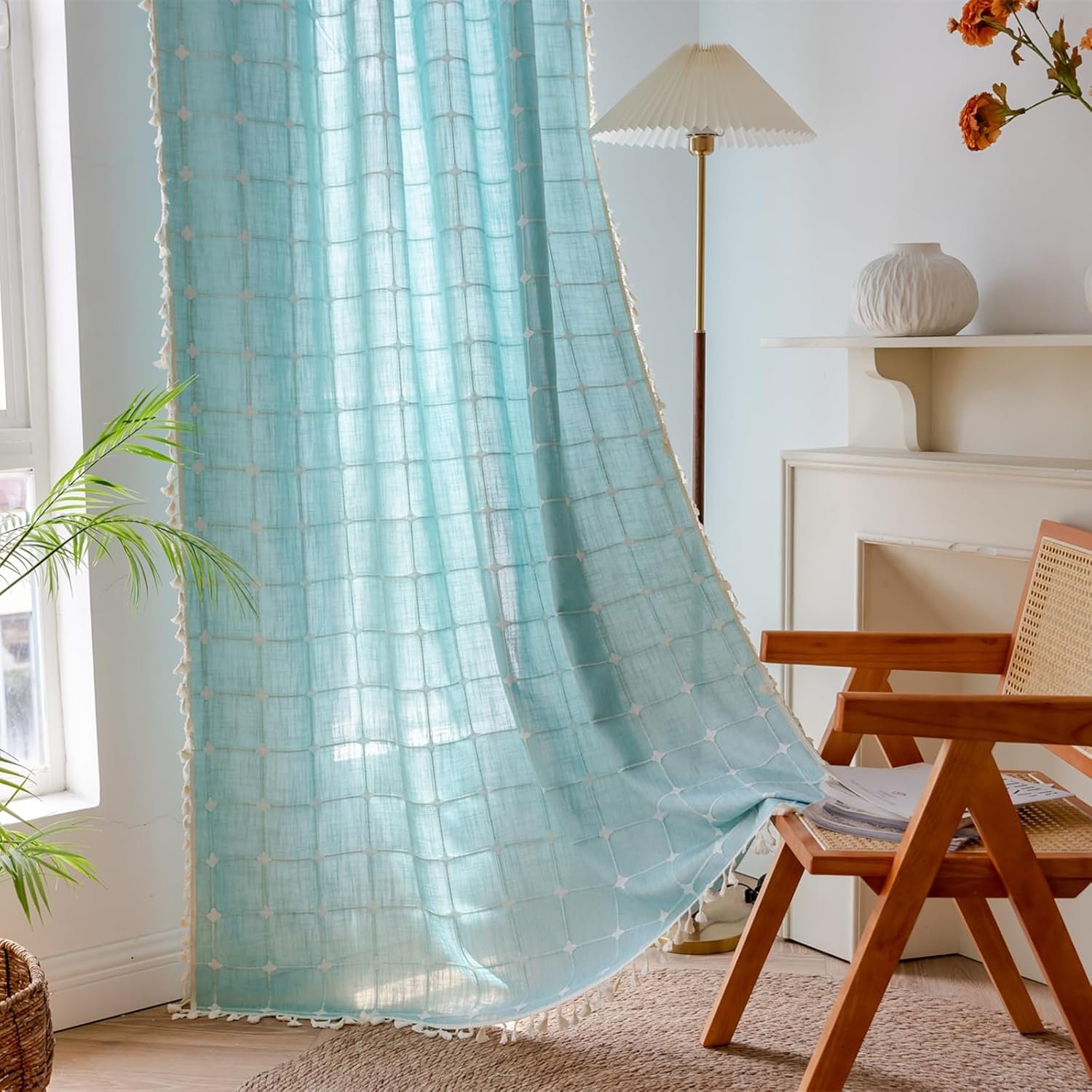 Blue-Green Checkered Embroidered Curtains | Cotton Linen Semi-Blackout - Image 2