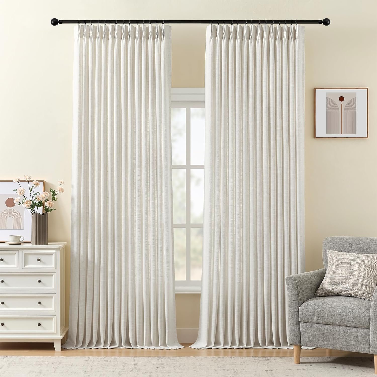 Natural Pleated Linen Curtains, Memory Foam Backband and Hooks | Thick and Semi-Transparent
