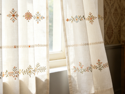 Vintage-Style Embroidered Linen Curtains with Floral Embroidery