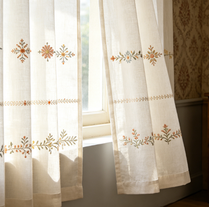 Vintage-Style Embroidered Linen Curtains with Floral Embroidery