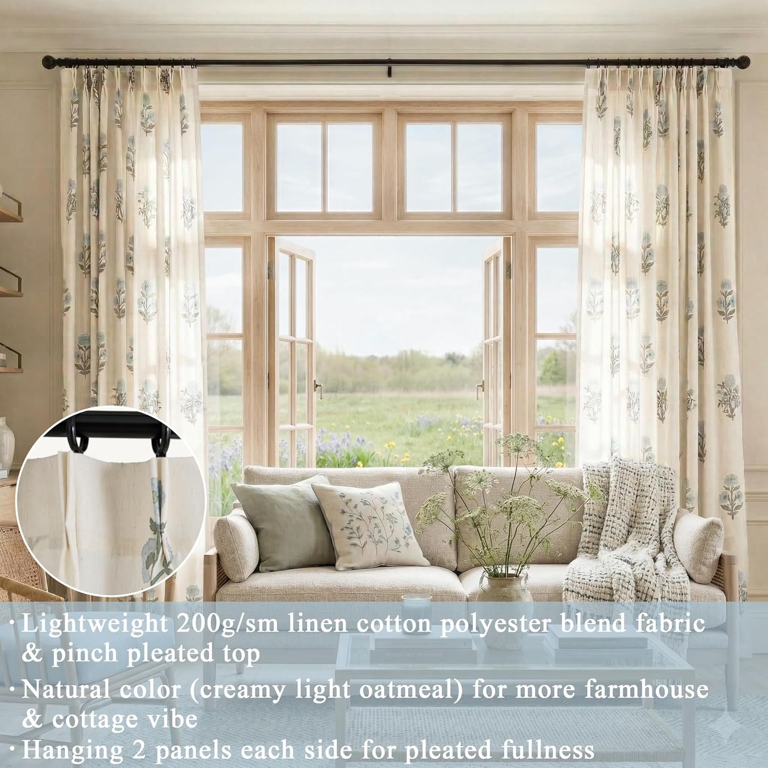Blue-Green French Country Linen Curtains | Translucent Pleated Design | Suitable for Sliding Glass Doors - Image 2