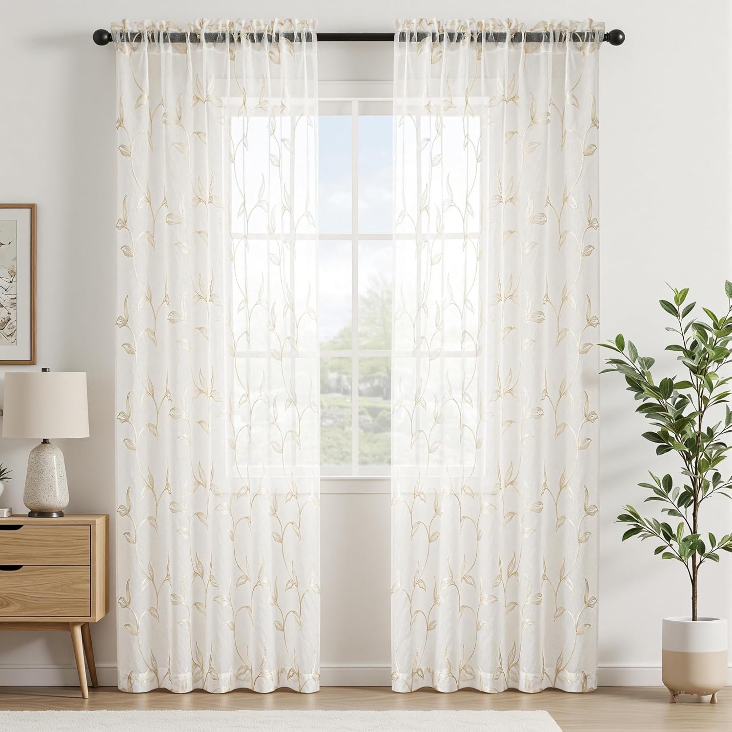 Cream-colored Leaf Embroidered Sheer Curtains | Rod-style Semi-transparent | Bedroom/Living Room - Image 2
