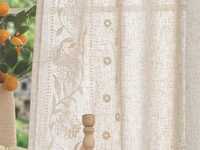 Ivory Embroidered Floral Linen Curtains | Rod-Pocket Style | Farmhouse Style
