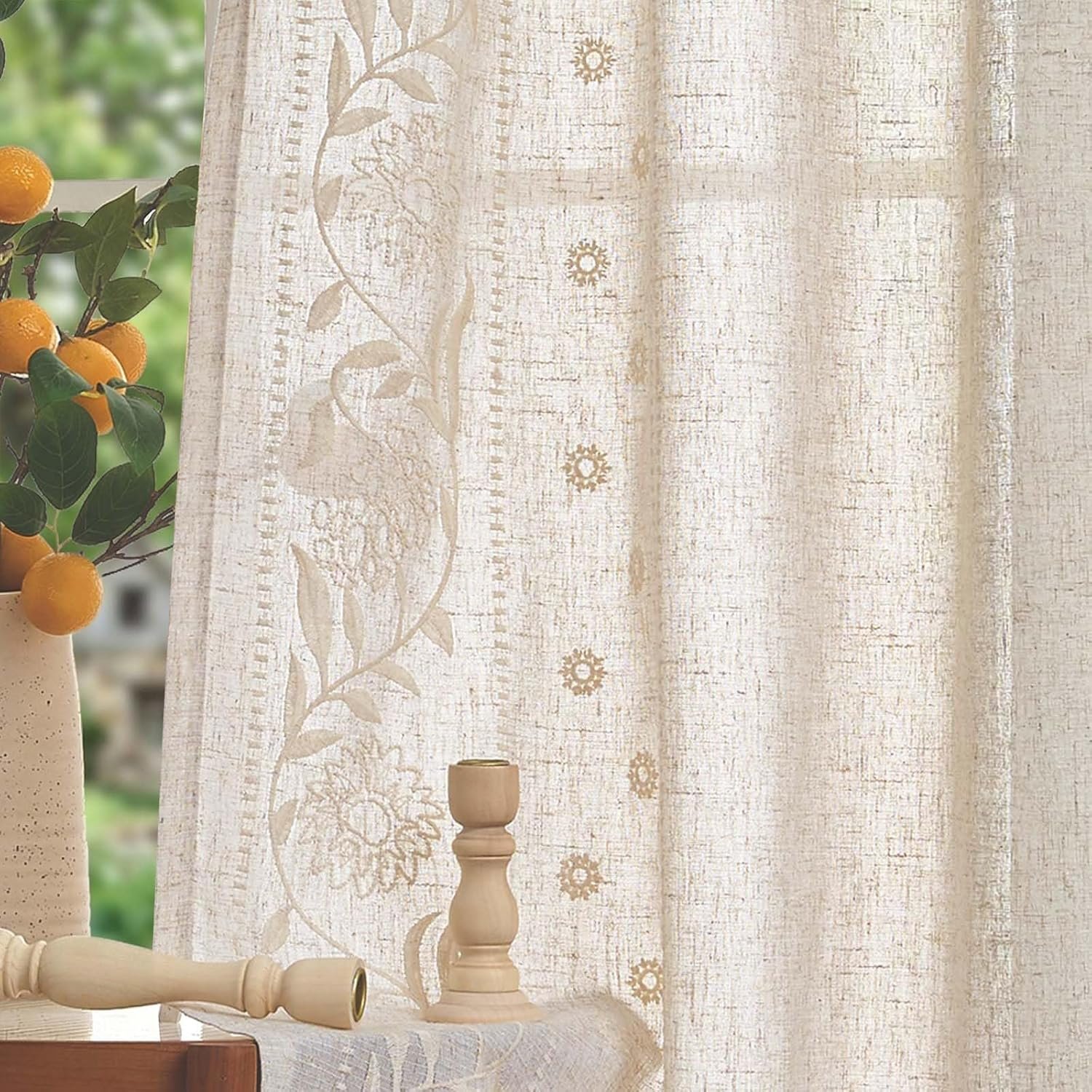 Ivory Embroidered Floral Linen Curtains | Rod-Pocket Style | Farmhouse Style