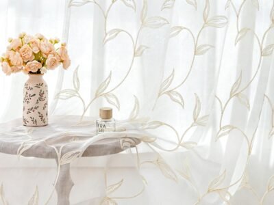 Cream-colored Leaf Embroidered Sheer Curtains | Rod-style Semi-transparent | Bedroom/Living Room