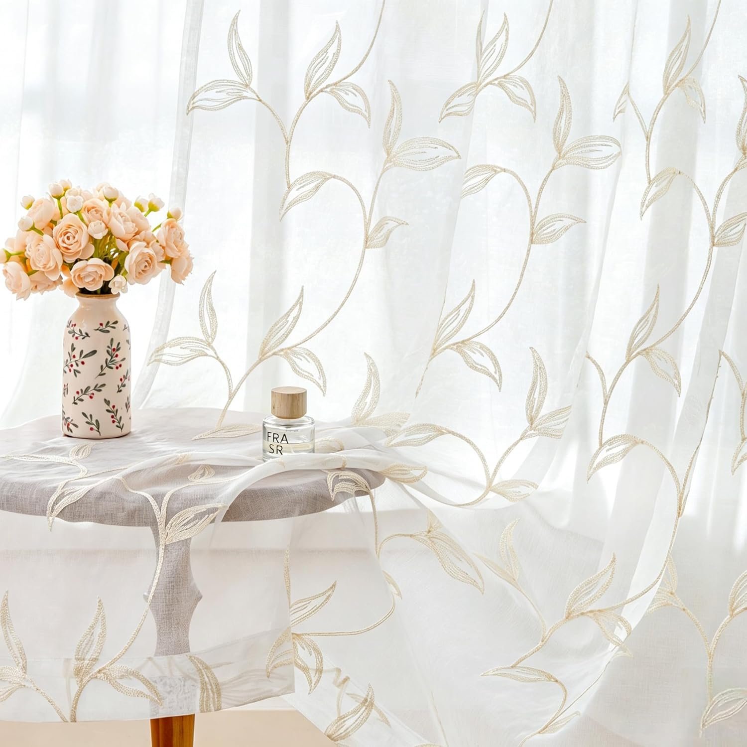 Cream-colored Leaf Embroidered Sheer Curtains | Rod-style Semi-transparent | Bedroom/Living Room