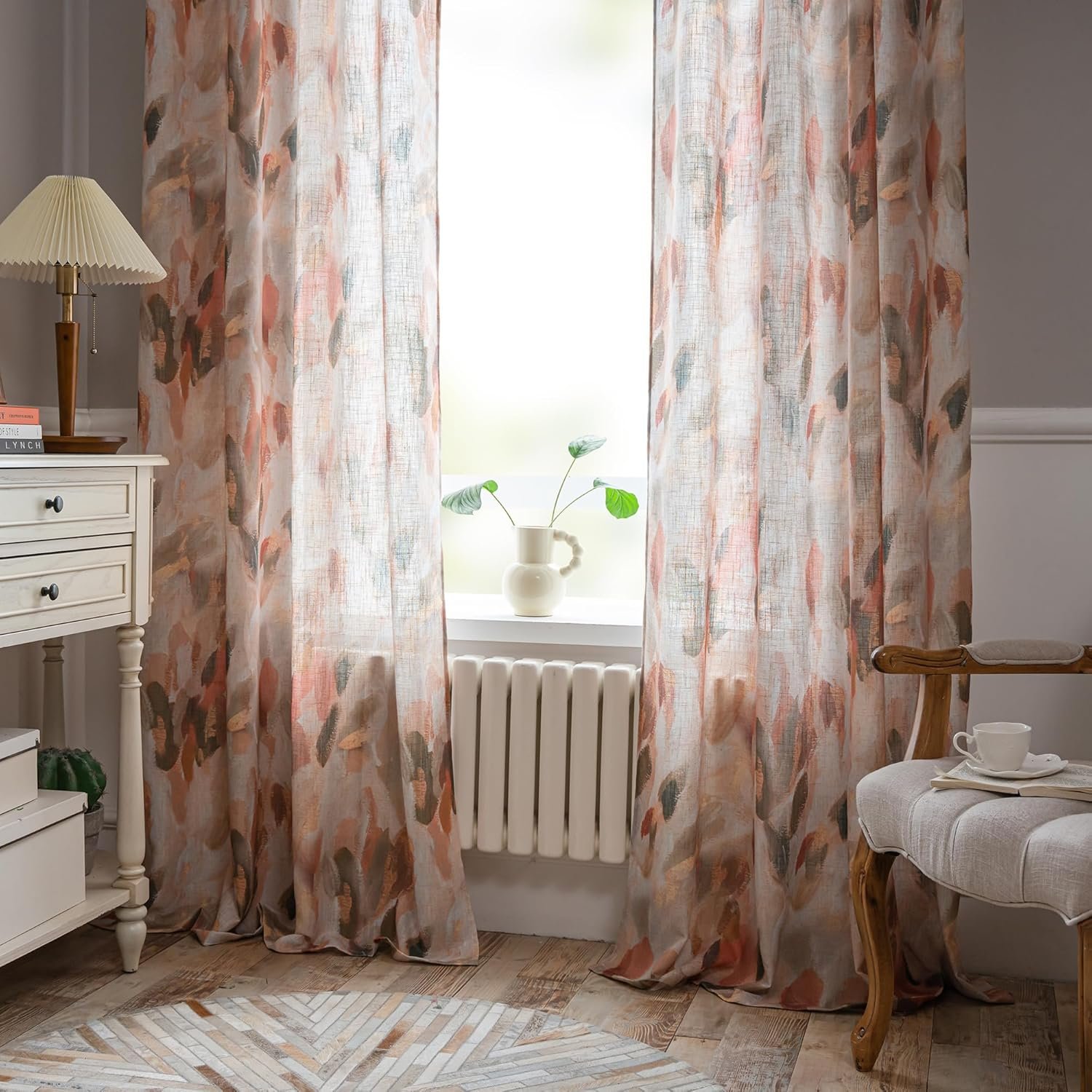 Coral Orange Floral Linen Curtains with Perforated Design for Light Transmission | Privacy Protection for Bedrooms and Dining Rooms - Image 2