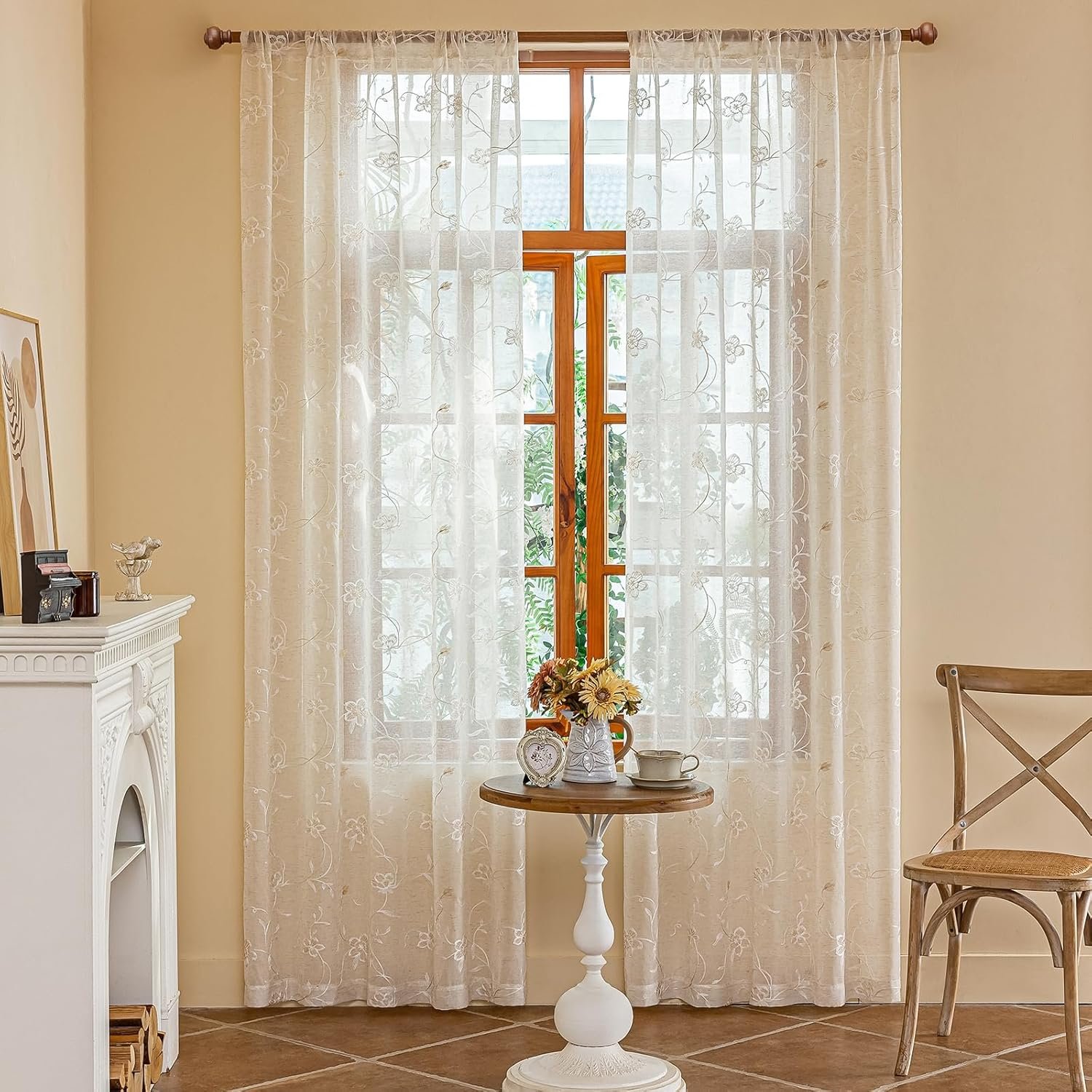 Beige Floral and Leaf Embroidered Curtains - Image 2