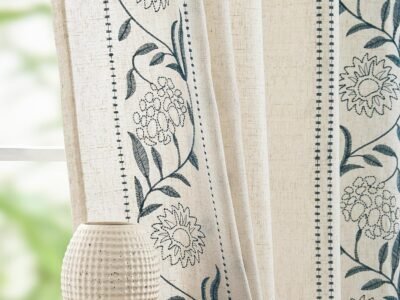 Embroidered Floral Curtains with Embroidered Trim | Blue & Beige Sheer