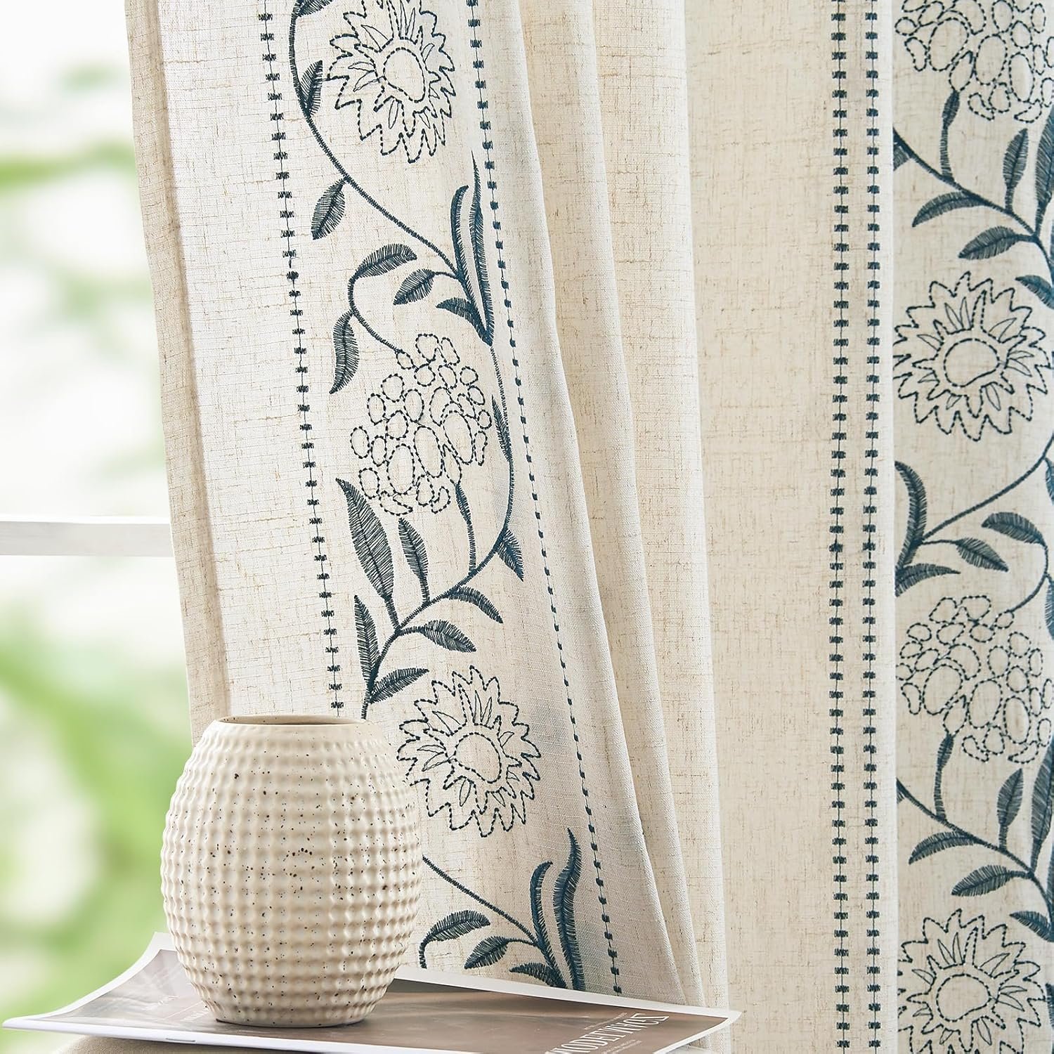 Embroidered Floral Curtains with Embroidered Trim | Blue & Beige Sheer