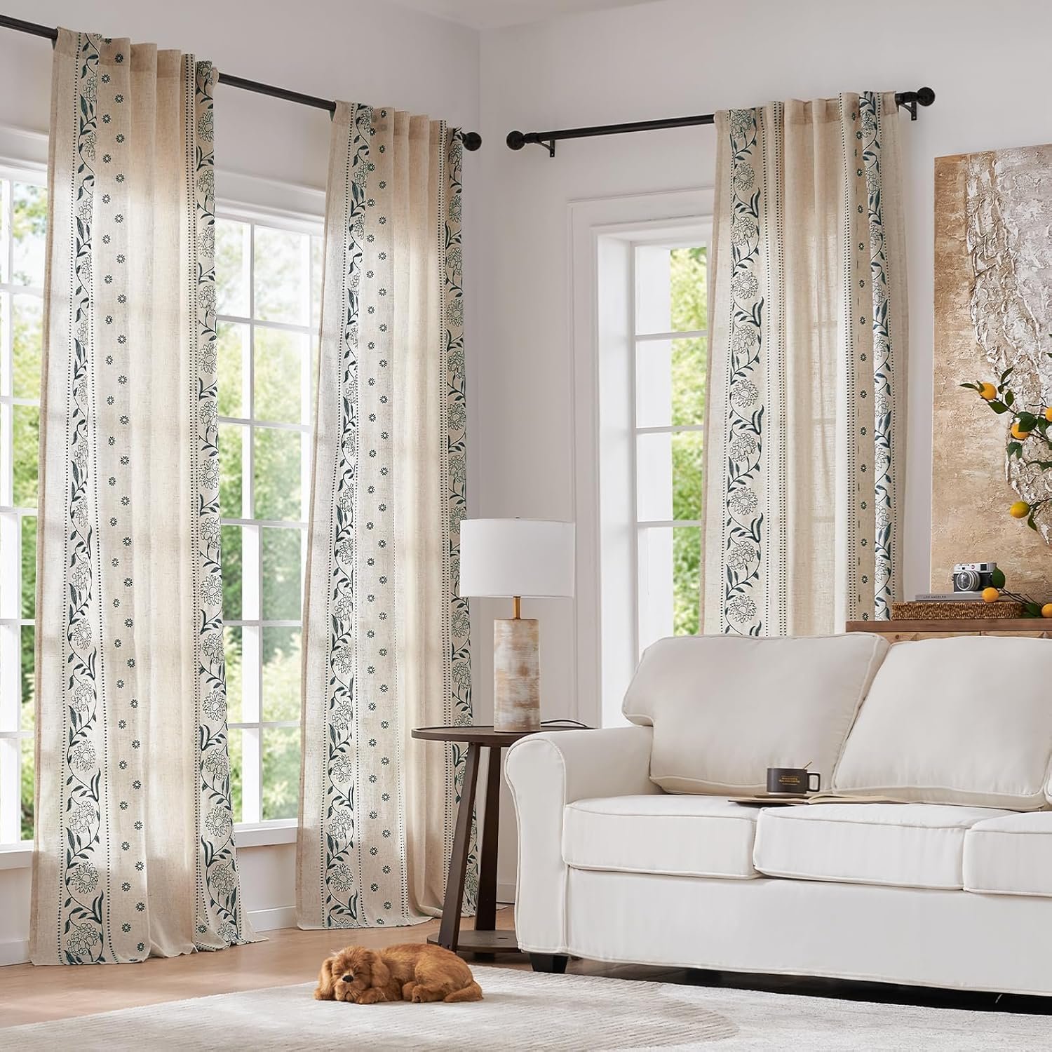 Embroidered Floral Curtains with Embroidered Trim | Blue & Beige Sheer - Image 2