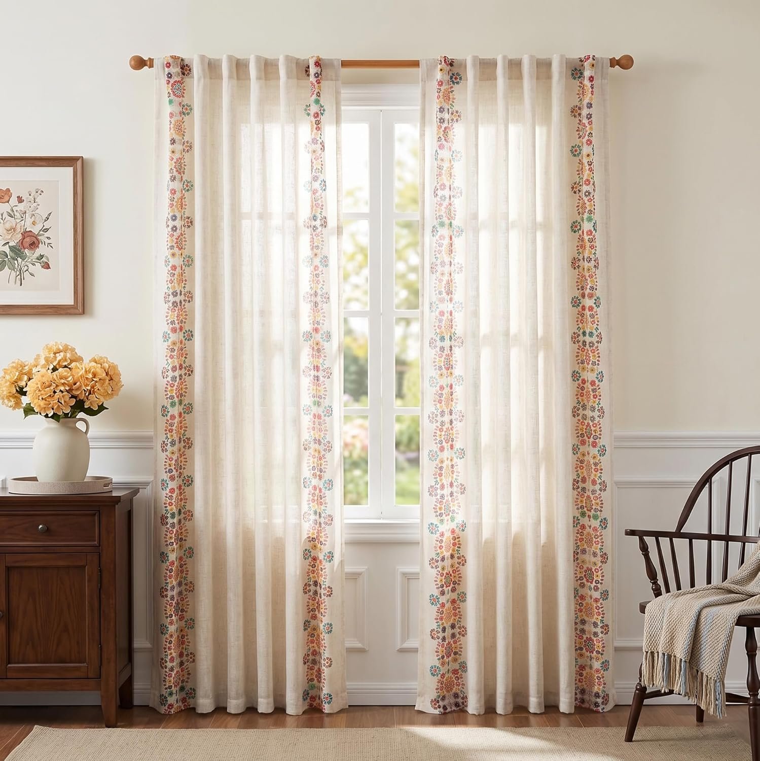 Bohemian Floral Linen Curtains | Backstrap Style | Country/Pastoral Style - Image 2