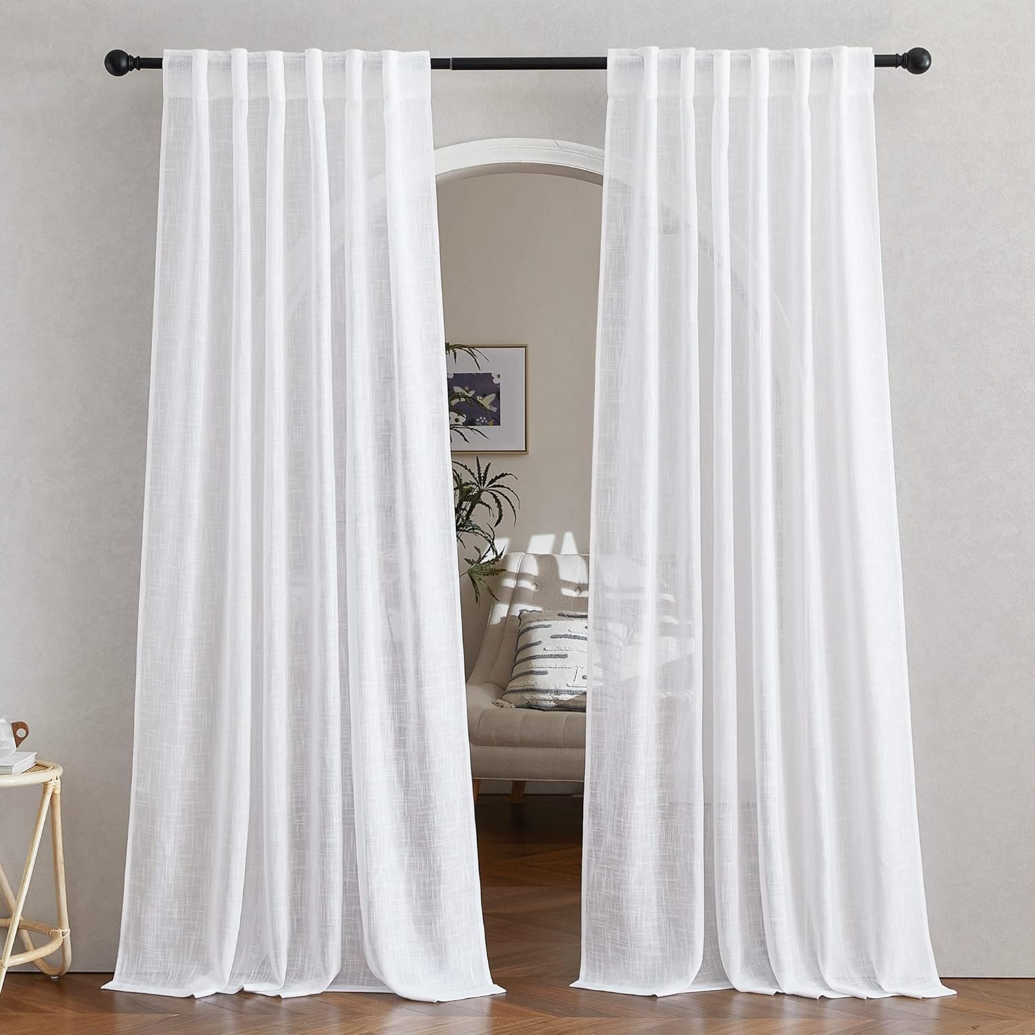 White Linen Sheer Curtains, Suitable for Sliding Doors and Living Rooms