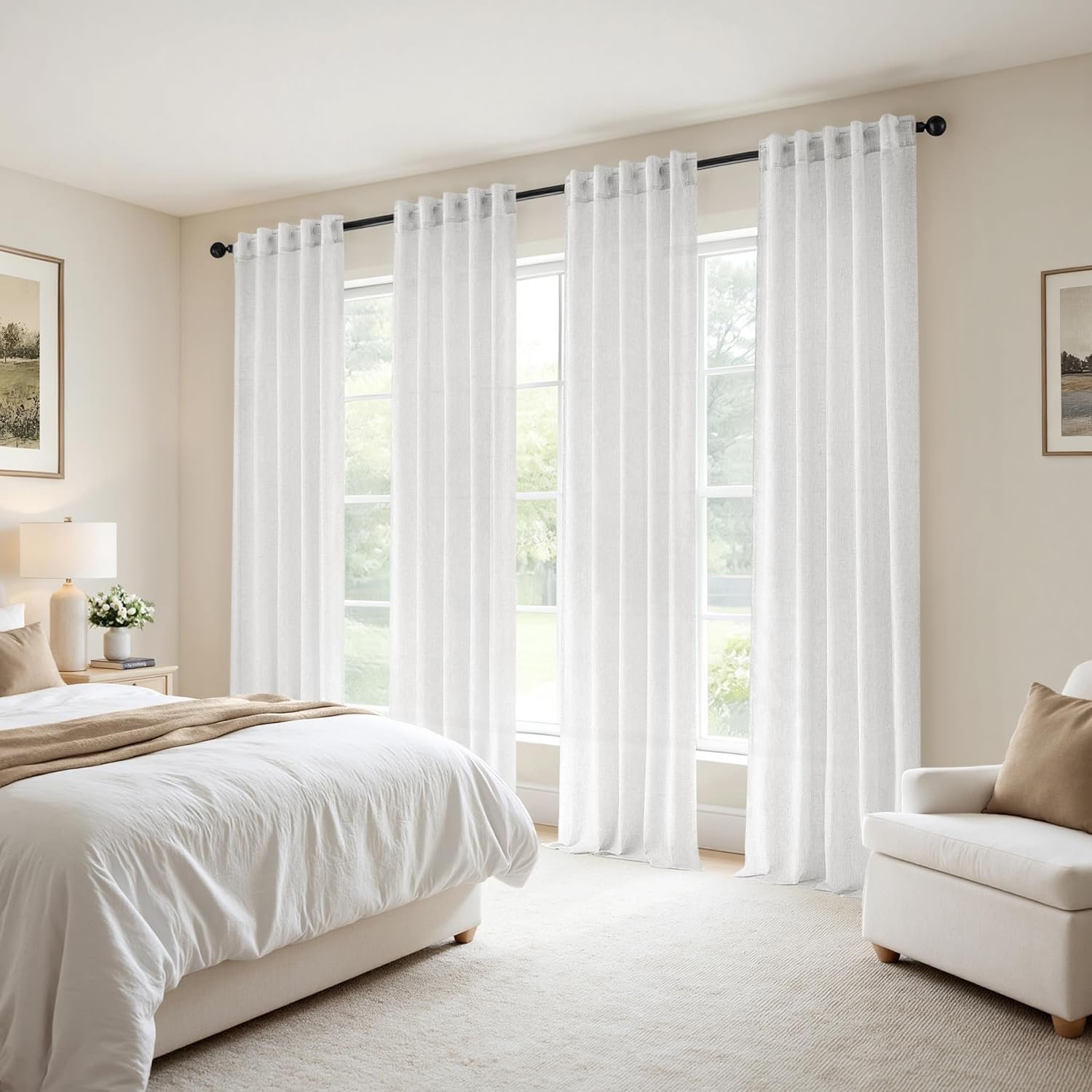 White Linen Four-Piece Curtain Set with Rod Bag and Straps | Country Style for Living Room and Bedroom - Image 2