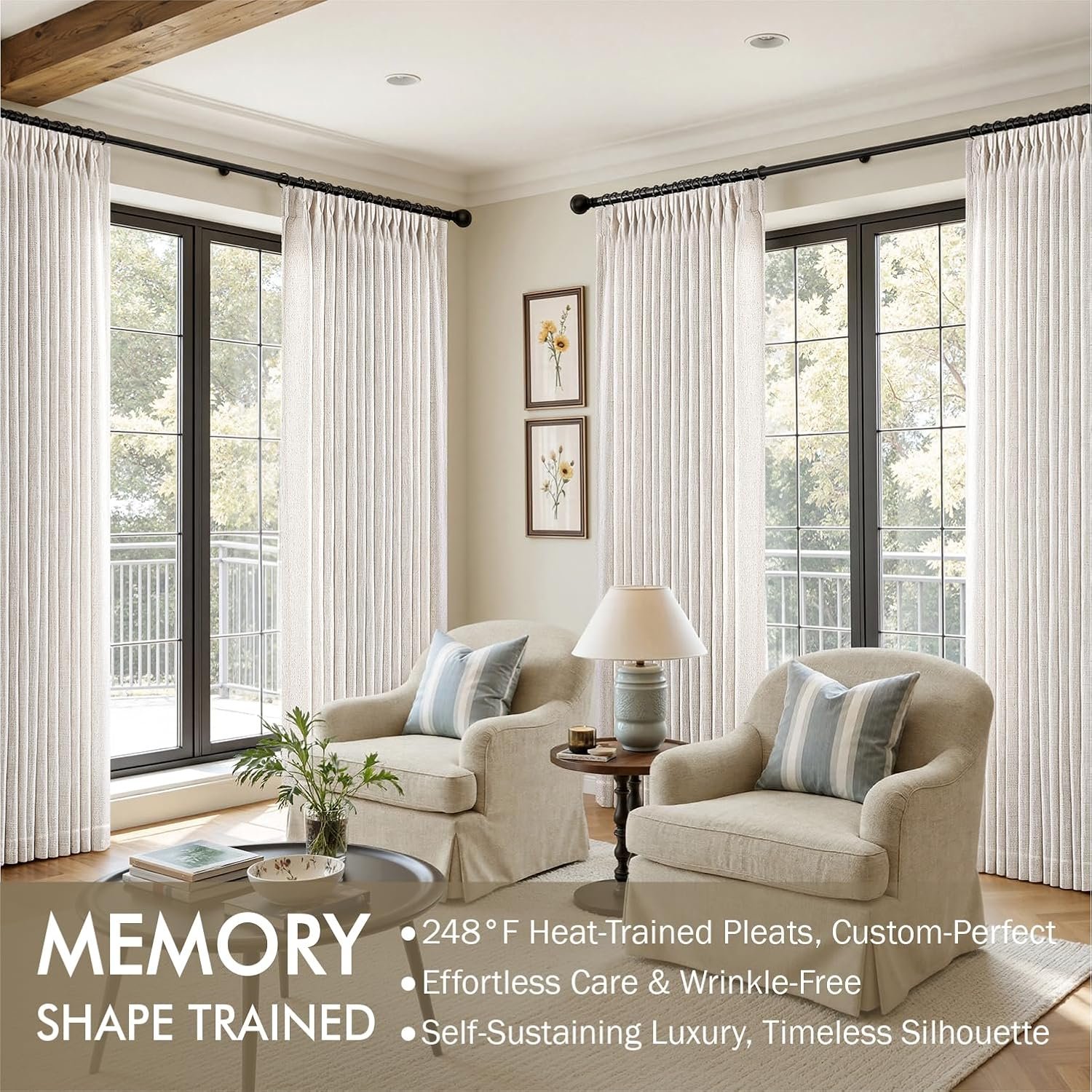 Natural Ivory Thick Pleated Curtains | Memory Foam Backstrap Hooks | Thick Light Filter - Image 2